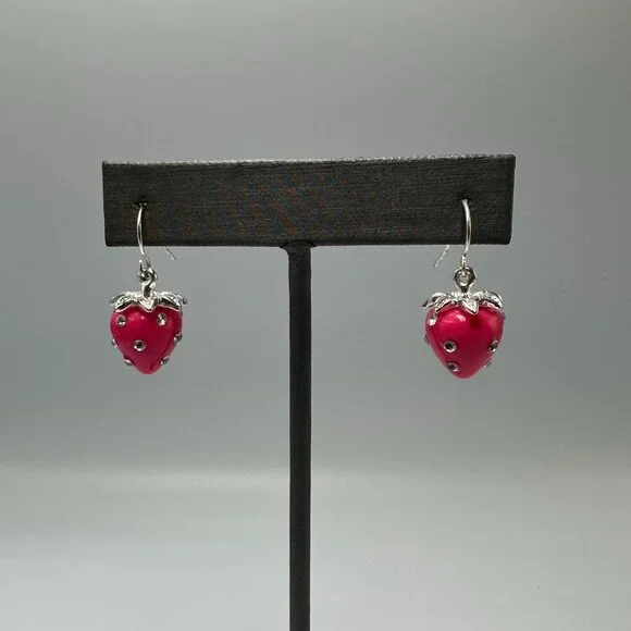 3/$30 Strawberry Dangle Earrings Pink Silver Tone Rhinestone Accents Fruit - Picture 3 of 11